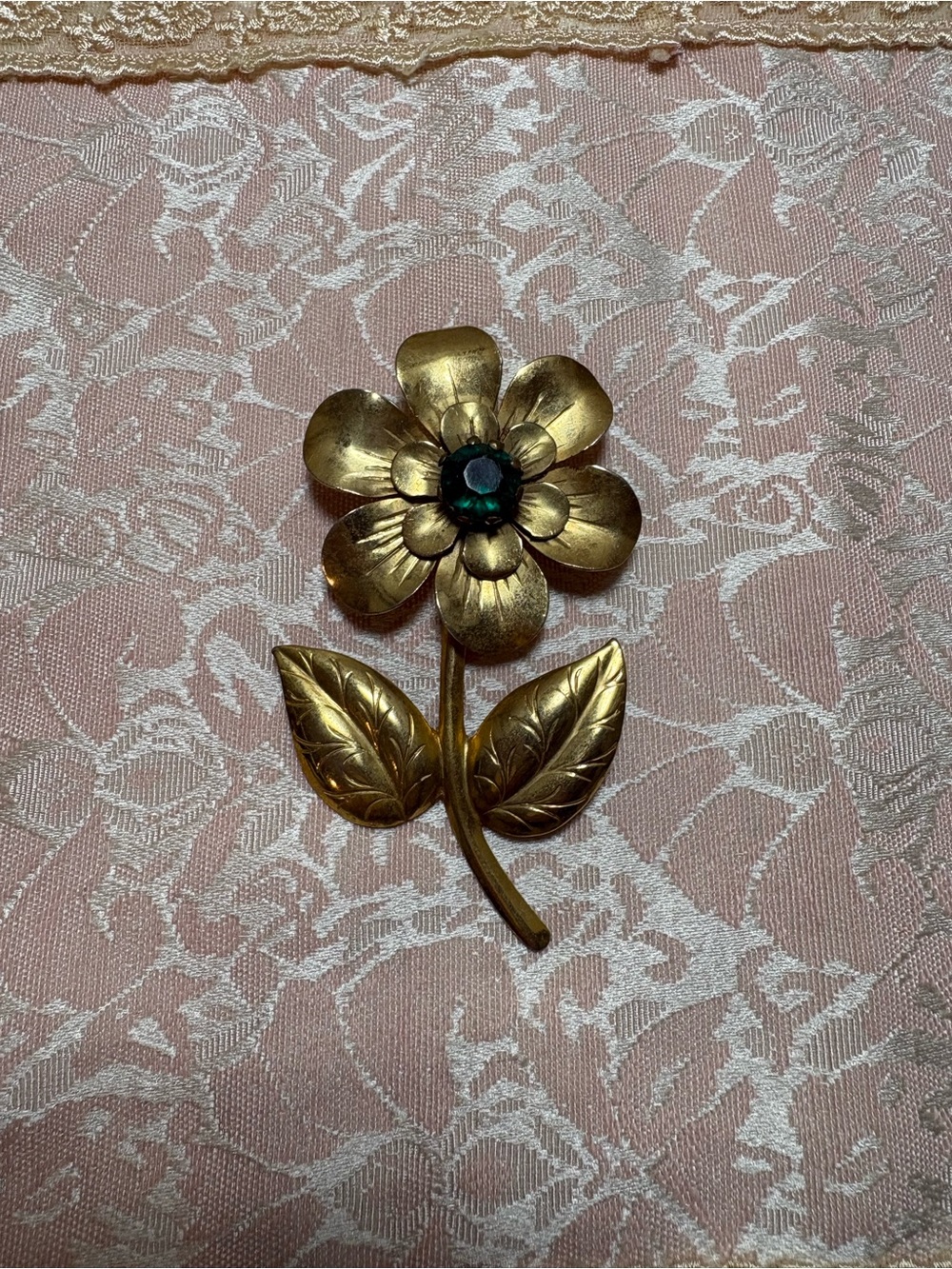 Vintage Gold Tone Flower Brooch Green Rhinestone Floral Pin Mid Century Unsigned